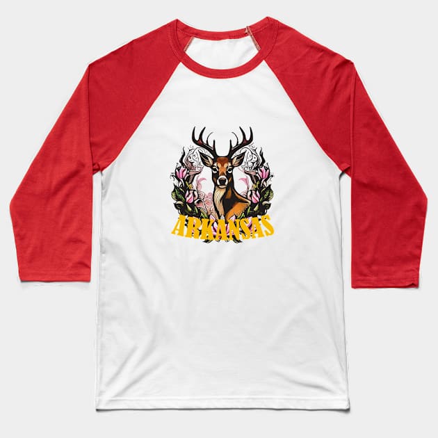 Arkansas Deer With Apple Blossom Bough Baseball T-Shirt by taiche